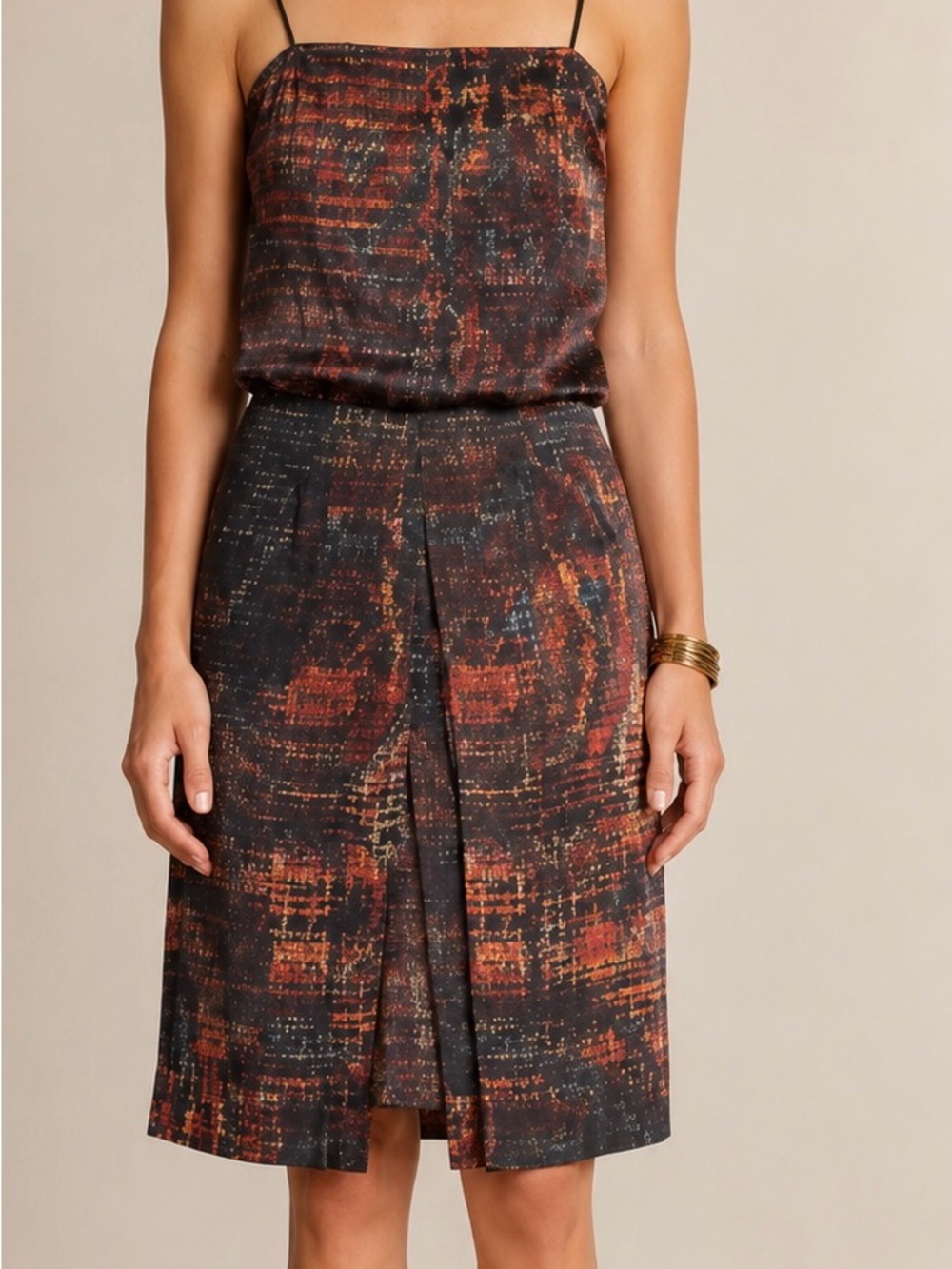 L’AGENCE Silk Double Slit Midi Dress 4 Abstract Metallic Print Spaghetti Straps
